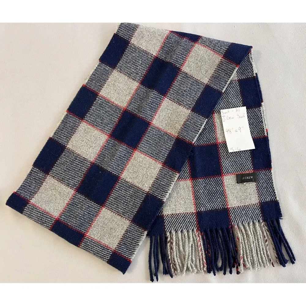 J. CREW‎ Wool Viscose Tartan Plaid Fringed Scarf Red Blue Gray 48